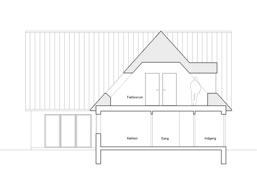 Tværsnit med ny førstesal, kvist og ovenlys